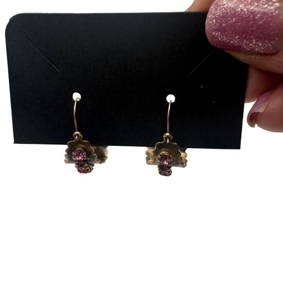 Antique Gold Tone Hoop Earrings Pink Crystal Accents Textured Metalwork Lightwei - Picture 4 of 4